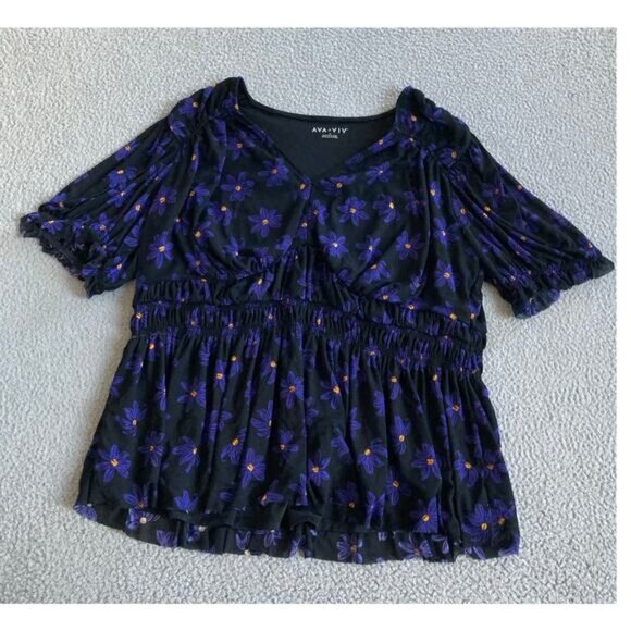 Ava & Viv Top 2X Floral V-Neck Stretch Short Sleeve Flare Blue Black Blouse - Picture 1 of 16